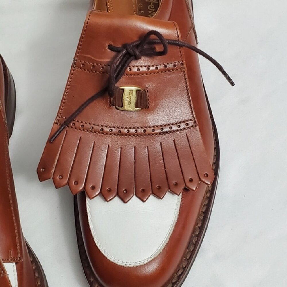 Salvatore Ferragamo SPORT Vintage Leather Kiltie Golf Shoes - Tan & White - Picture 2 of 12